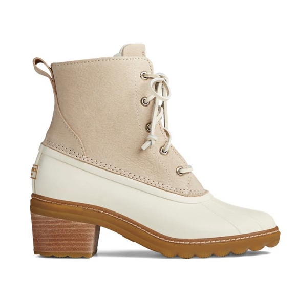 Sperry Womens Saltwater Duck Boot NWT Heel Bootie Ivory Leather Rubber Rain Snow - Picture 2 of 6
